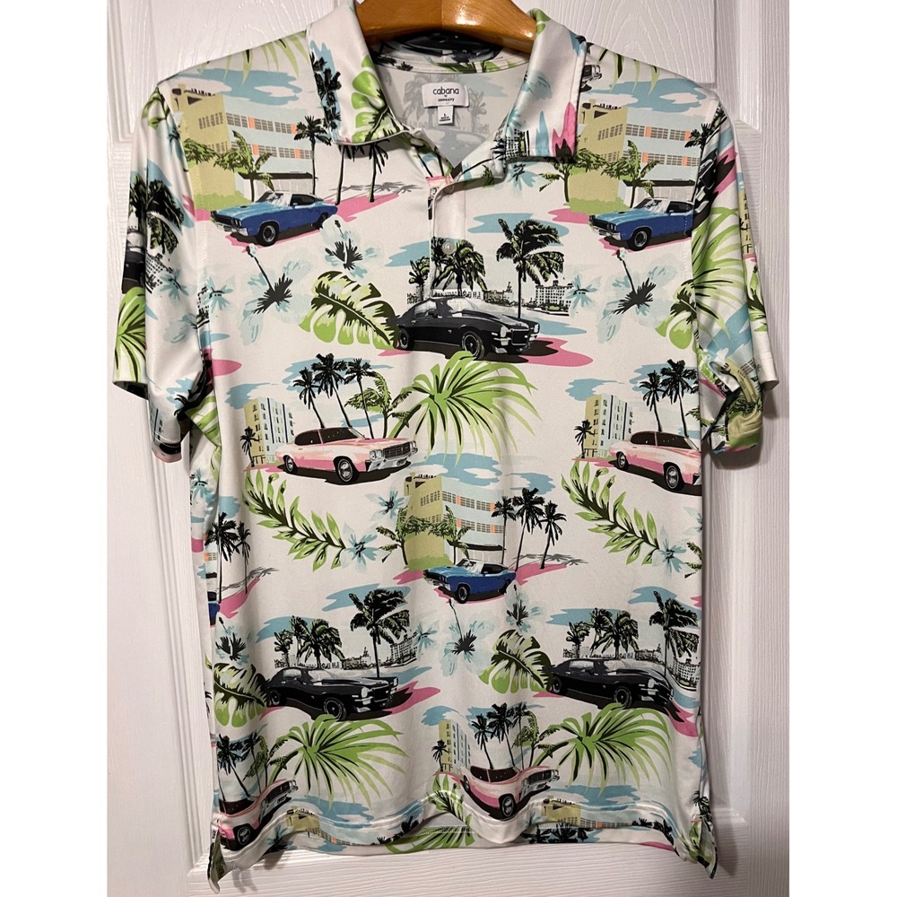 Cabana by Crown & Ivy Mens Large Retro Classic Car Palm Tree Tropical Polo Shirt